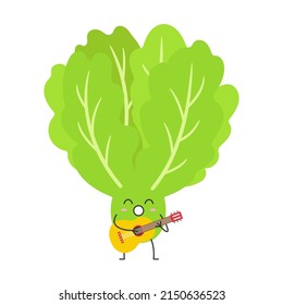 Leaves lettuce cute character cartoon green salad plays the guitar sings face happy emotions vector illustration.