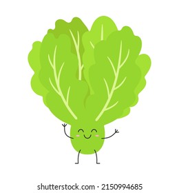 Leaves lettuce cute character cartoon green salad greeting smiling face happy joy emotions vector illustration.