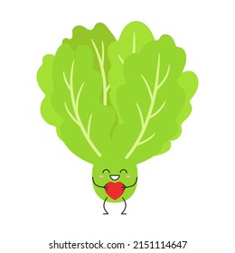 Leaves lettuce cute character cartoon green salad love sign heart favorite smiling face happy emotions vector illustration.