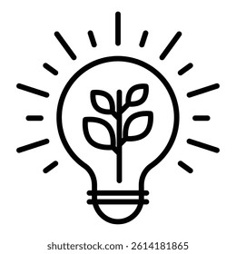 Leaves in lightbulb line vector icon, representing energy efficiency and sustainable innovation. Symbolizes green energy, eco-friendly technology, conservation, and smart solutions
