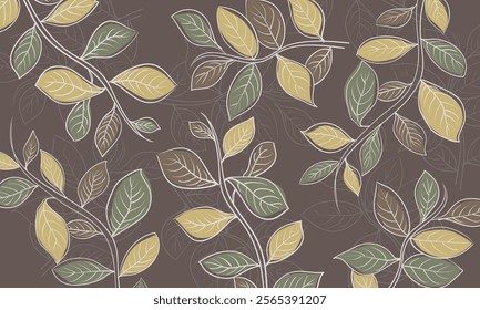 Leaves line art background vector. Yellow and green Leaves pattern on brown background. Wallpaper, background, fabric, textile, print, wrapping paper or package design.