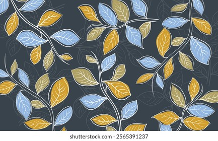 Leaves line art background vector. Blue and yellow Leaves pattern on black background. Wallpaper, background, fabric, textile, print, wrapping paper or package design.