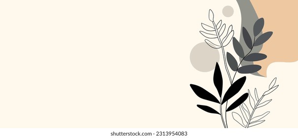 Leaves line art with on beige background. Flower vector illustration with abstract shapes. Abstract creative templtate design for card