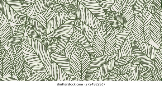 Hinterlässt ein nahtloses Muster der Linienart. Abstrakte Linien verlassen den Hintergrund. Blumentapete. Botanisches Design für Drucke, Oberfläche, Hausdekoration, Stoff. Vektorgrafik. Keine AI