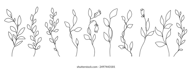 Leaves Line Art Vector Set for Prins, Social Media, Icons. Leaves Set in Trendy Minimalist Style. Abstract Botanical Hand Drawn Doodle Template Collection	