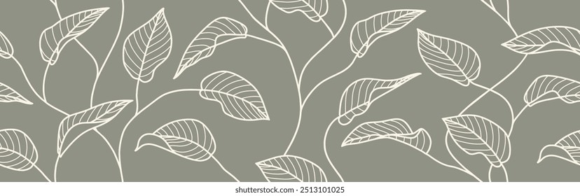 leaves line hand drawn seamless pattern. floral leaf art line background