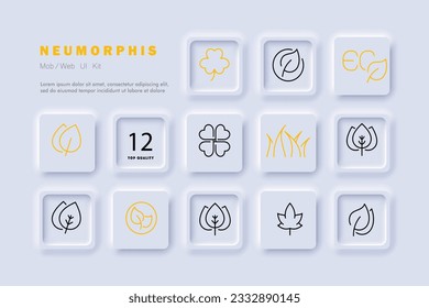 Leaves line icon. Clover, maple, grass, green, tree, nature, forest, branch. Neomorphism steyle. Vector line icon