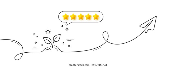 Leaves line icon. Continuous line with share plane. Grow plant leaf sign. Environmental care symbol. Five star rate review in speech bubble. Grow plant single line ribbon. Loop curve pattern. Vector