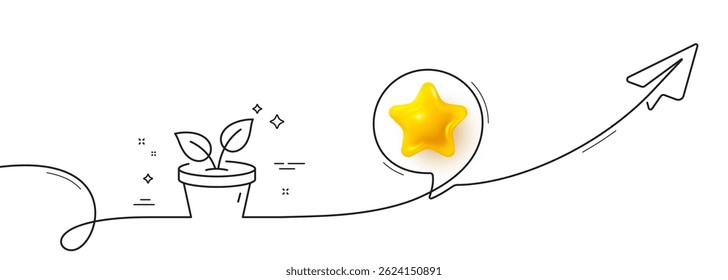 Leaves line icon. Continuous line with share plane. Grow plant leaf sign. Environmental care symbol. 3d star in speech bubble. Leaves single line ribbon. Loop curve pattern. Vector