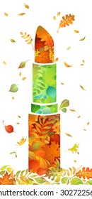 Leaves lipstick. Lipstick consists of green and orange and red autumn leaves isolated on white background. 
