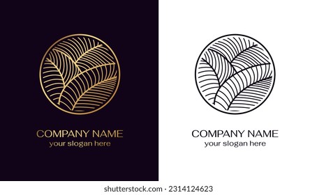 Leaves logo. floral logo. Tropical leaves in a circle. Logo in a trendy linear style for clothes, hotels, cosmetics, spas, beauty salons, jewelry