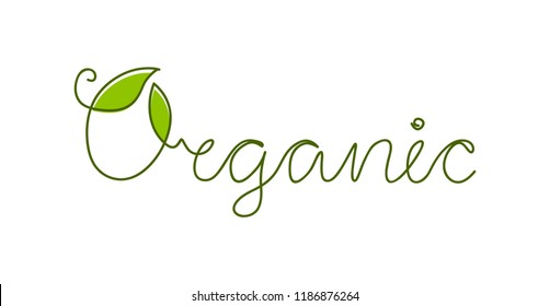 Leaves logo, organic, vector. One line drawing. Hand lettering, calligraphy.