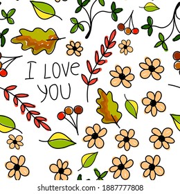 Leaves love hand drawing, beautiful love messages seamless pattern. Suitable for textiles, packaging, wallpaper, etc. Hearts are isolated from the background. Vector illustration.