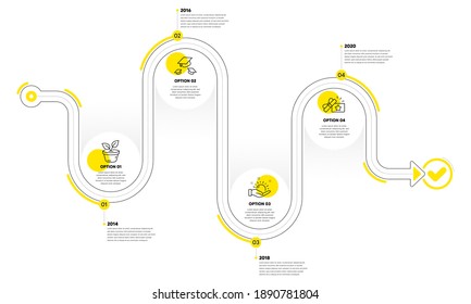 Leaves, Loyalty gift and Sunny weather line icons set. Timeline plan infograph. Throw hats sign. Grow plant, Bonus award, Hold sun. College graduation. Business set. Vector