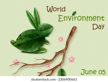 Leaves made in a rabbit shape with tree branch and wording of world environment day on green background. Concept poster's campaign of World environment day in watercolors style and vector design.