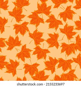 Leaves maple engraved seamless pattern. Vintage background botanical with canadian foliage in hand drawn style. Vector repeated color design texture for print, fabric, wrapping, wallpaper, tissue.