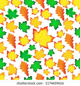 Leaves of a maple and oak. Seamless drawing of autumn leaves of trees.