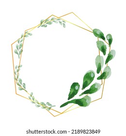 leaves minimalistic vector gold round frame line. Hand drawing plants, branches, Herbal. Greenery wedding invitation.