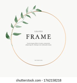 leaves minimalistic vector round frame. Hand drawing plants, branches, Herbal. Greenery wedding square invitation. leaf, Circle. Gold line. Watercolor style. Modern neutral design for poster, card.