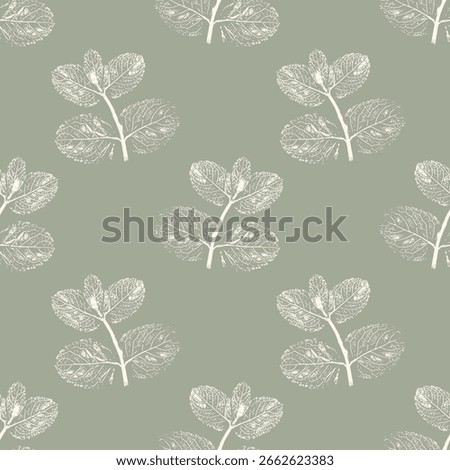 Leaves Mint imprints pattern, stamp silhouette, beige twigs with leaves on pastel green background.