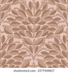 Leaves of Mocha Mousse and Coffee Cream in a Scallop Shape on an Ivory Vanilla background creating a seamless pattern print background