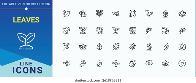 Leaves modern icon set. Featuring eco, nature, plant, tree, garden, herb and more. Basil and Leaves icon set. Trendy minimal icons. Editable vector art and illustration.