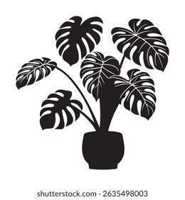 Leaves monstera pot silhouette vector flat illustration design on white background.