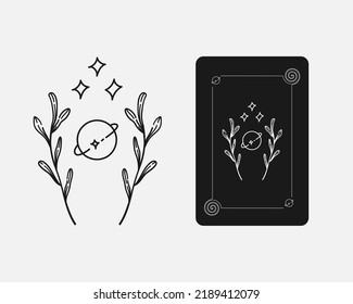 Leaves, moon, planet and star vector illustration. Tarot design, mystical magic.