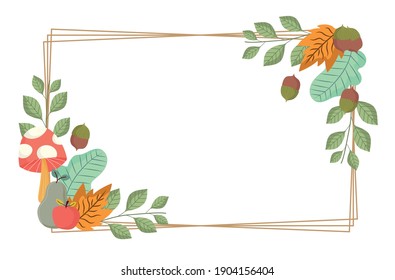 leaves mushroom apple acorn branches foliage nature frame vector illustration design