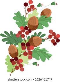 Leaves, mushrooms and acorns, clusters of mountain ash, pattern.