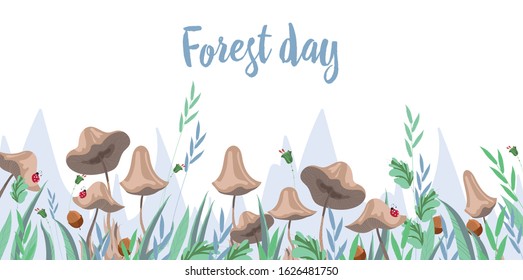 Leaves, mushrooms and acorns, clusters of mountain ash, pattern.