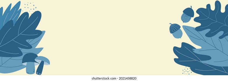 Leaves, mushrooms and acorns minimalist autumn background. Template for poster, banner, flyer, greeting card