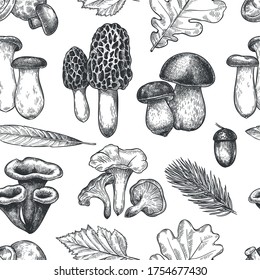 Leaves and mushrooms pattern. Hand drawn different autumn leaf, berries and mushrooms as morel and chanterelle, bolete and king trumpet vintage fall season sketch seamless vector texture.