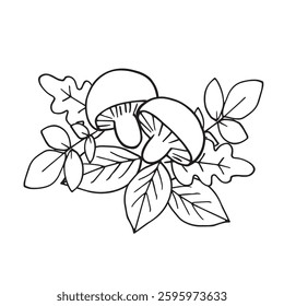 leaves and mushrooms vector composition graphics doodle hand drawn illustration on a white background the basis for textile design tableware and printing