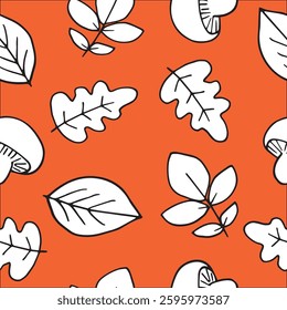 leaves and mushrooms vector seamless pattern graphics doodle hand drawn illustration on orange background base for textile tableware design and printing