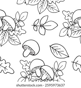 leaves and mushrooms vector seamless pattern graphics doodle hand drawn illustration on a white background with space for text base for textile design tableware and printing