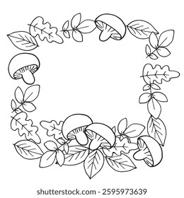 leaves and mushrooms vector square frame with space for text doodle hand drawn illustration on white background base for textile tableware design and printing
