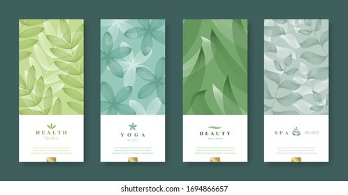 Leaves and nature banner set. Beauty and health minimal design. Voucher template with logo - health, yoga, beauty, spa. Vector illustration.