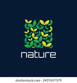 Leaves nature Logo square shape design vector template. Organic Natural Garden Park Logotype concept icon