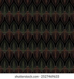 Leaves neon bright seamless pattern. Halloween holiday floral decor. Green and orange leaves skeleton on black background vector illustration. Linear repeating ornament of leaves silhouette.