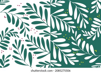 leaves new year winter background branches spruce lines green berries red inversion yellow