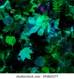 Leaves in the Night Garden. Abstract vector seamless pattern. Easy editable. The effect of blur and watercolors. Leaves mixed randomly. For Boho design