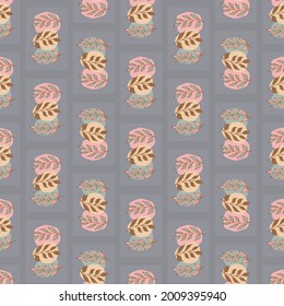 Leaves on abstract round shapes. Modern, minimalistic, seamless, geometric pattern. Vector illustration, design for printing packaging, textiles and more.