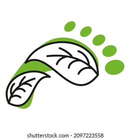Leaves on the background of a human footprint. Green and white illustration with black outline. Simple flat three color vector icon for website, app, print, presentation, and more