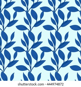 Leaves on blue background. Blue leaves seamless vector pattern for wallpaper, web page background, textile design, graphic design.