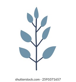Leaves on a branch, blue. Cute illustration, vector, color, simple. Cartoon, flat. Isolated on white background