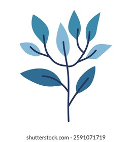 Leaves on a branch, blue. Cute illustration, vector, color, simple. Cartoon, flat. Isolated on white background