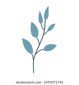 Leaves on a branch, blue. Cute illustration, vector, color, simple. Cartoon, flat. Isolated on white background