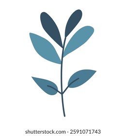 Leaves on a branch, blue. Cute illustration, vector, color, simple. Cartoon, flat. Isolated on white background