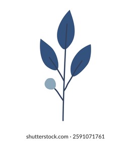Leaves on a branch, blue. Cute illustration, vector, color, simple. Cartoon, flat. Isolated on white background